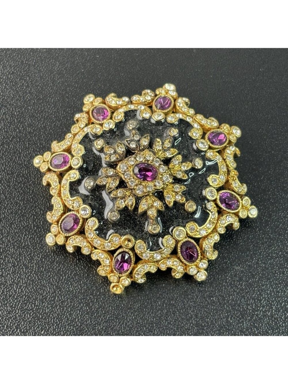 Vintage Brooch Hexagonal Scallop Style Black Gold Rhinestones Purple Gem 2.25"